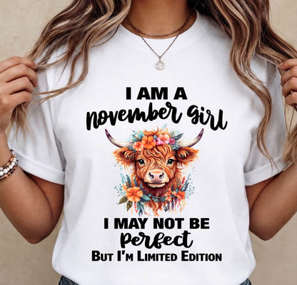 NOVEMBER GIRL FLORAL HIGHLAND COW TEE - FOR WOMEN - TLEE11 (SKU2607-278-11)