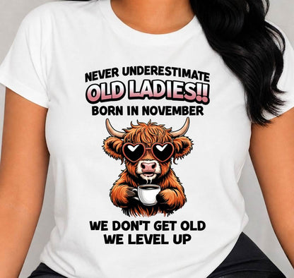 NOVEMBER BORN WOMEN LEVEL UP, NEVER GROW OLD SHIRT - FOR WOMEN - TLEE11 (SKU2606-79-11)
