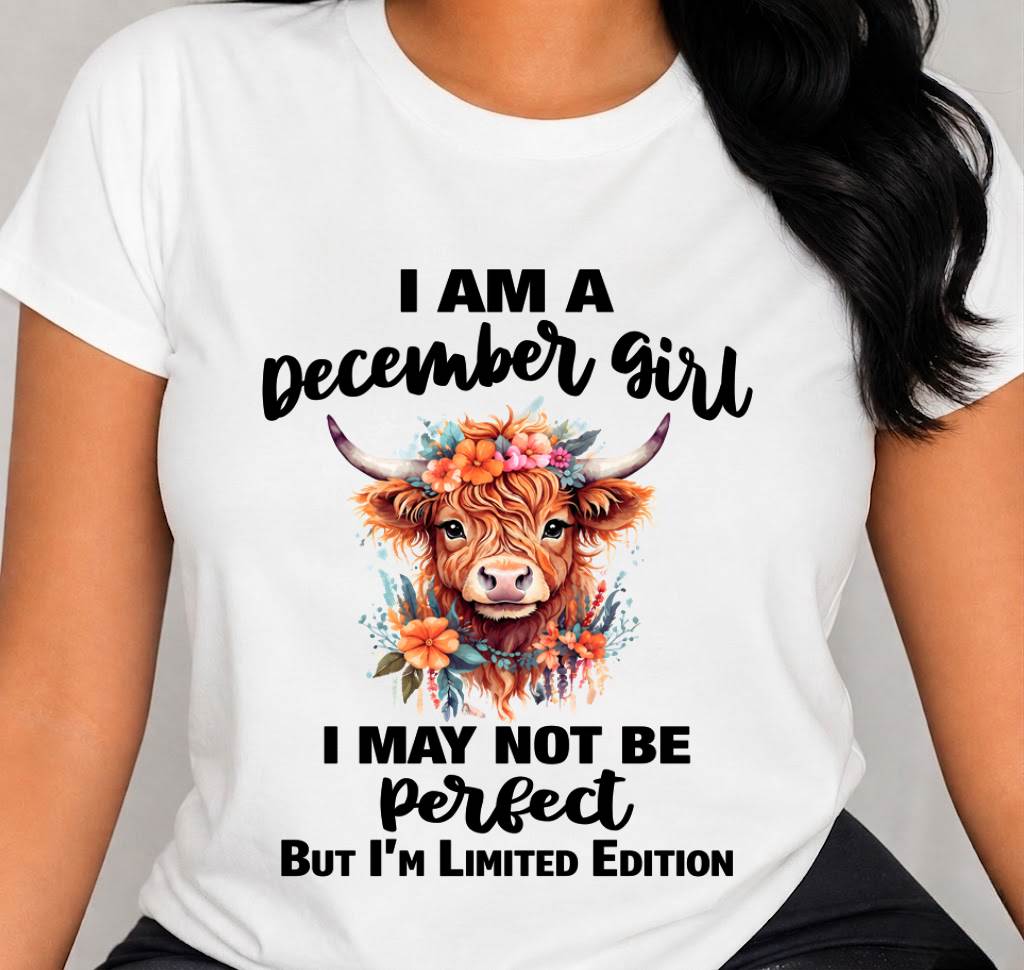 DECEMBER GIRL FLORAL HIGHLAND COW TEE - FOR WOMEN - TLEE12 (SKU2607-278-12)