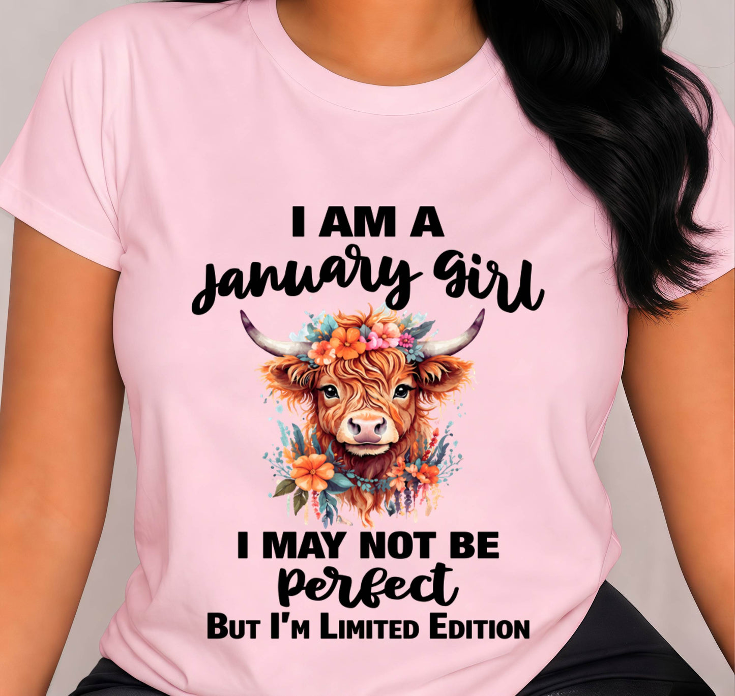 JANUARY GIRL FLORAL HIGHLAND COW TEE - FOR WOMEN - TLEE01 (SKU2607-278-01)