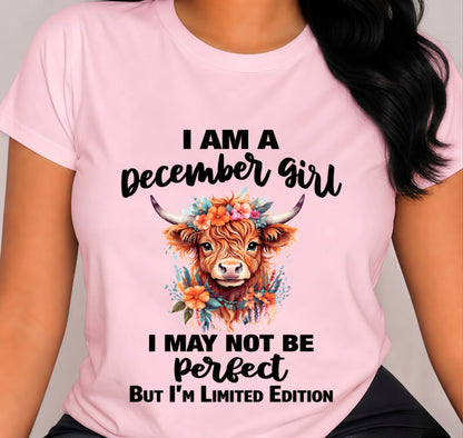 DECEMBER GIRL FLORAL HIGHLAND COW TEE - FOR WOMEN - TLEE12 (SKU2607-278-12)