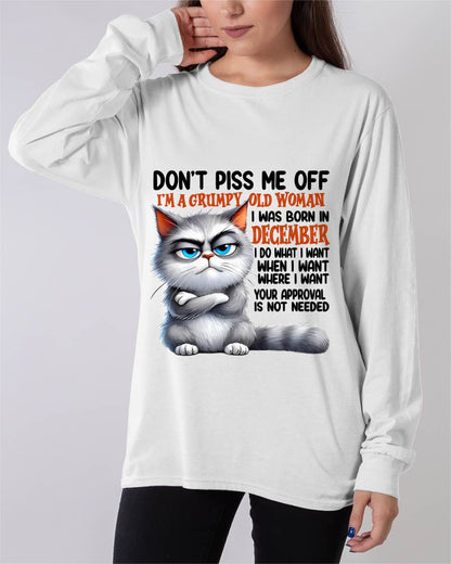 DECEMBER GRUMPY OLD WOMAN CAT T-SHIRT – FUNNY ATTITUDE SHIRT - FOR WOMEN - TLEE12 (SKU2603-319-12)