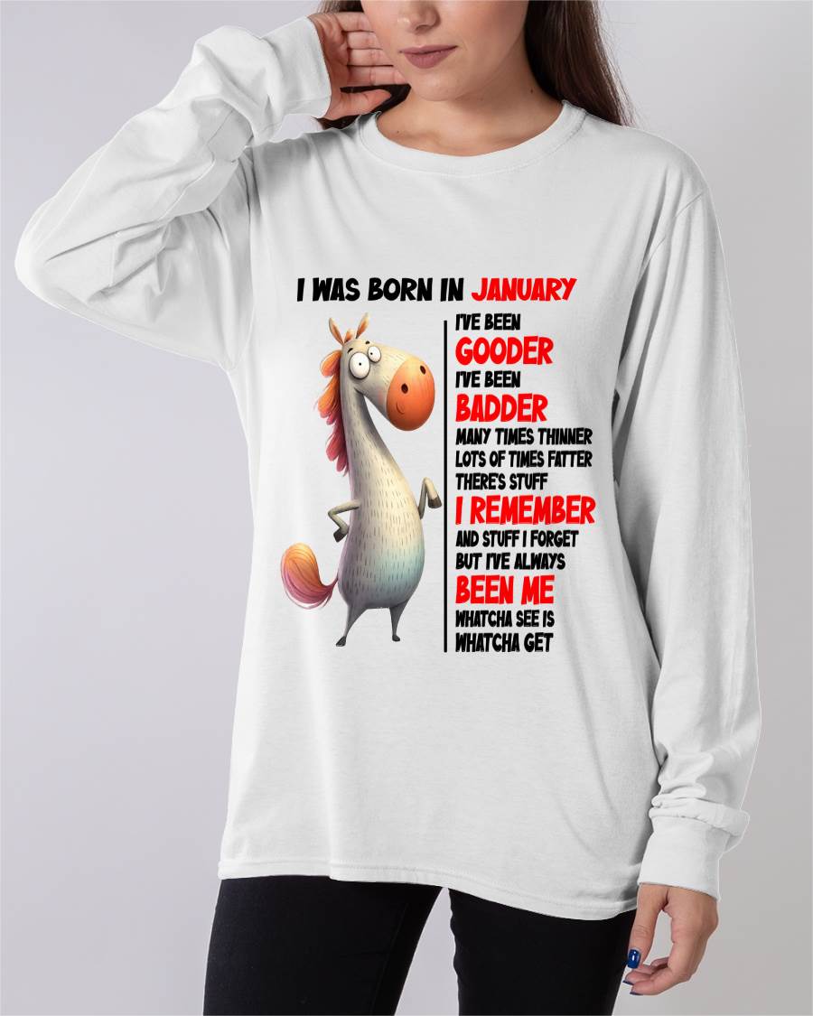 BORN IN JANUARY FUNNY SHIRT – GOODER BADDER HUMOR BIRTHDAY TEE - FOR WOMEN - TLEE01 (SKU2603-270-01)