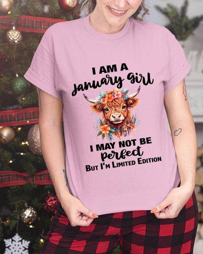 JANUARY GIRL FLORAL HIGHLAND COW TEE - FOR WOMEN - TLEE01 (SKU2607-278-01)