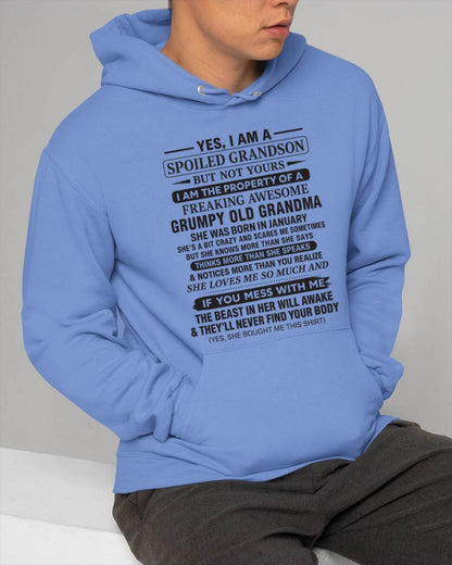 JANUARY - YES, I AM A SPOILED GRANDSON BUT NOT YOURS I AM THE PROPERTY OF A FREAKING AWESOME GRUMPY OLD GRANDMA - FROM GRANDMA - TLEE01 (SKU10-171-01)