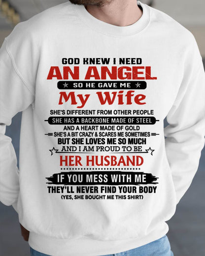 WHEN I NEEDED AN ANGEL, GOD GAVE ME MY WIFE. PROUD TO BE HER HUSBAND - FROM WIFE - TLEE00 (SKU26T-01205-00)