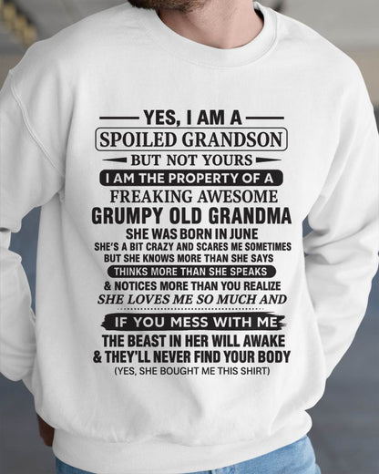 JUNE - YES, I AM A SPOILED GRANDSON BUT NOT YOURS I AM THE PROPERTY OF A FREAKING AWESOME GRUMPY OLD GRANDMA - FROM GRANDMA - TLEE06 (SKU10-171-06)