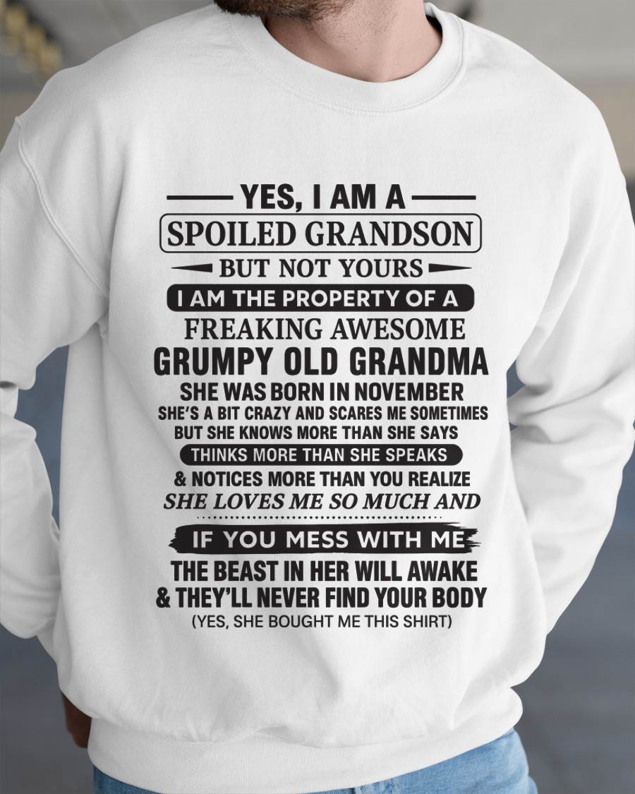NOVEMBER - YES, I AM A SPOILED GRANDSON BUT NOT YOURS I AM THE PROPERTY OF A FREAKING AWESOME GRUMPY OLD GRANDMA - FROM GRANDMA - TLEE11 (SKU10-171-11)