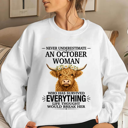 OCTOBER WOMAN HIGHLAND COW SHIRT - FOR WOMEN - TLEE10 (SKU2606-158-10)
