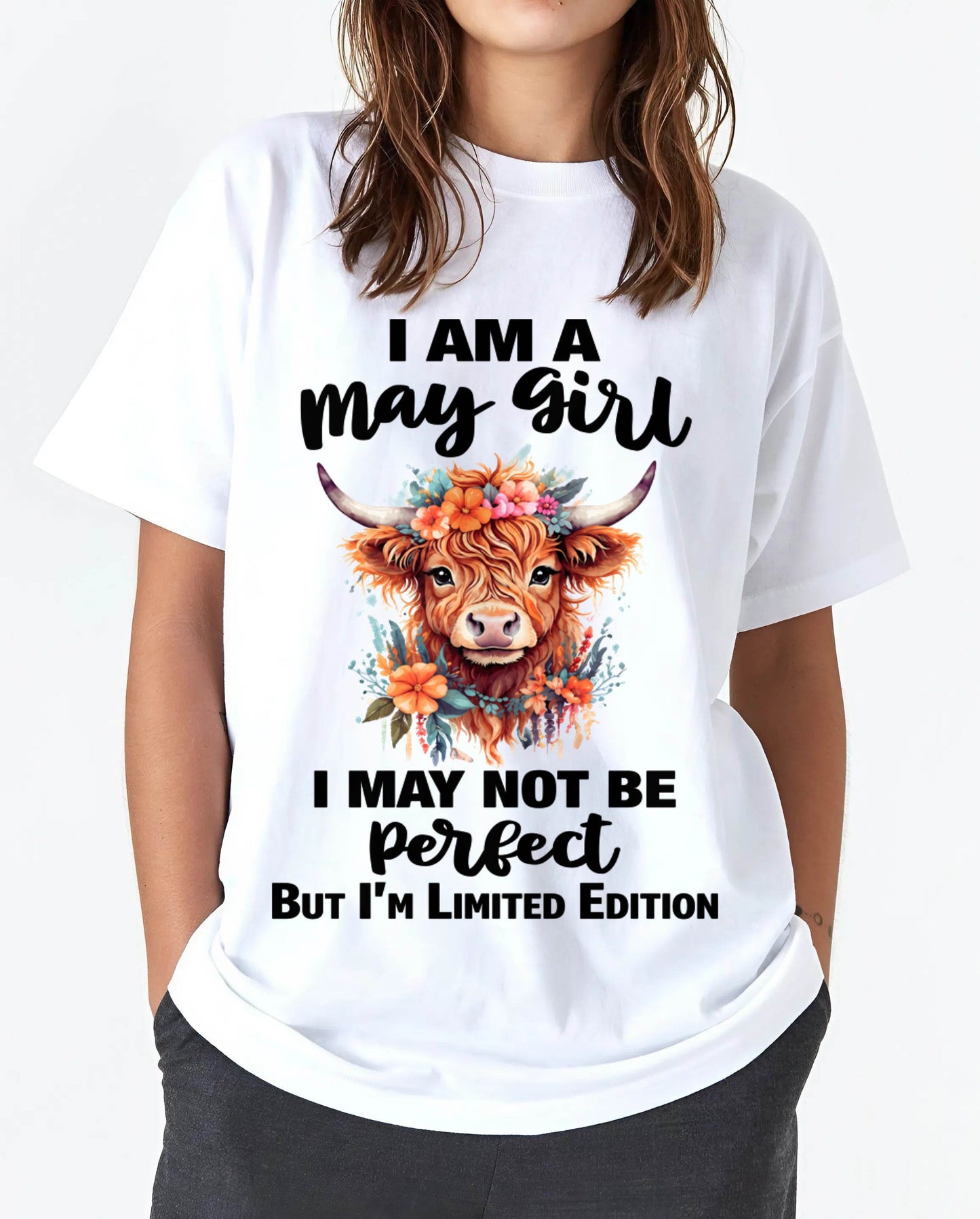 MAY GIRL FLORAL HIGHLAND COW TEE - FOR WOMEN - TLEE05 (SKU2607-278-05)