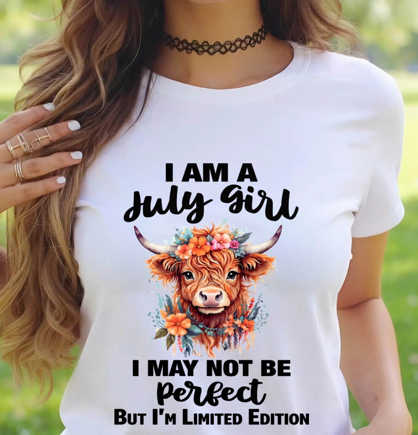 JULY GIRL FLORAL HIGHLAND COW TEE - FOR WOMEN - TLEE07 (SKU2607-278-07)