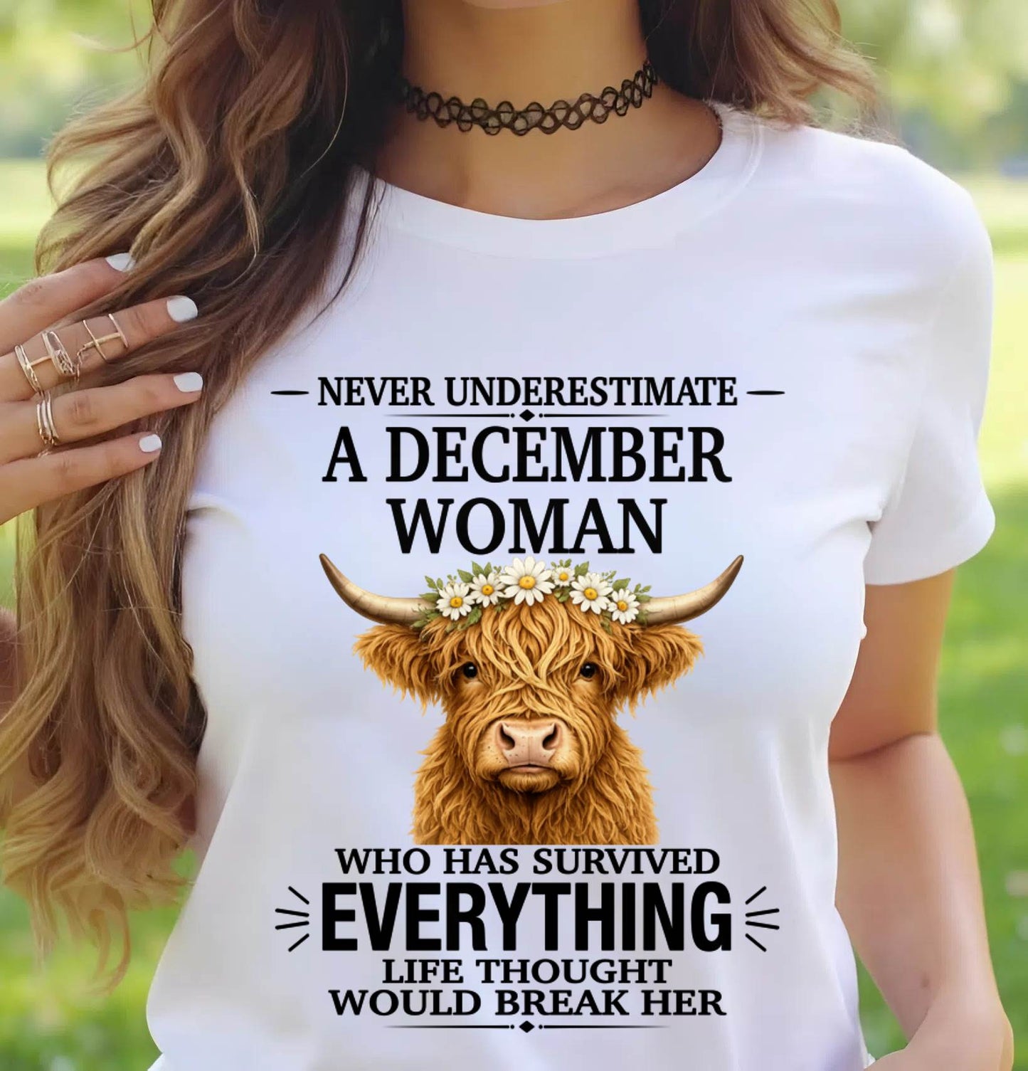 DECEMBER WOMAN HIGHLAND COW SHIRT - FOR WOMEN - TLEE12 (SKU2606-158-12)