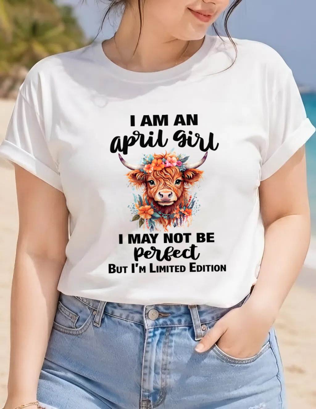 APRIL GIRL FLORAL HIGHLAND COW TEE - FOR WOMEN - TLEE04 (SKU2607-278-04)