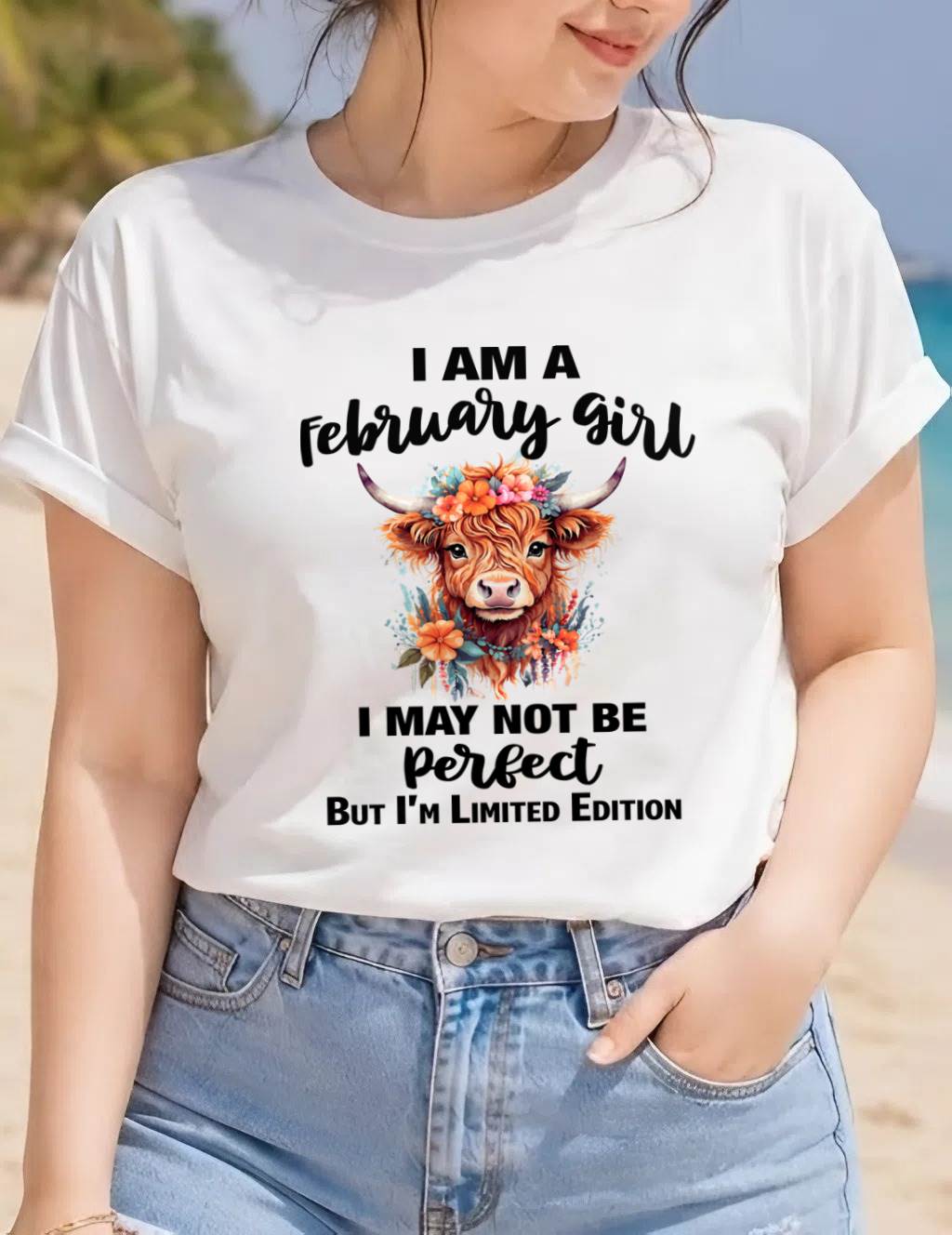 FEBRUARY GIRL FLORAL HIGHLAND COW TEE - FOR WOMEN - TLEE02 (SKU2607-278-02)