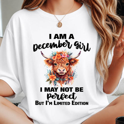 DECEMBER GIRL FLORAL HIGHLAND COW TEE - FOR WOMEN - TLEE12 (SKU2607-278-12)