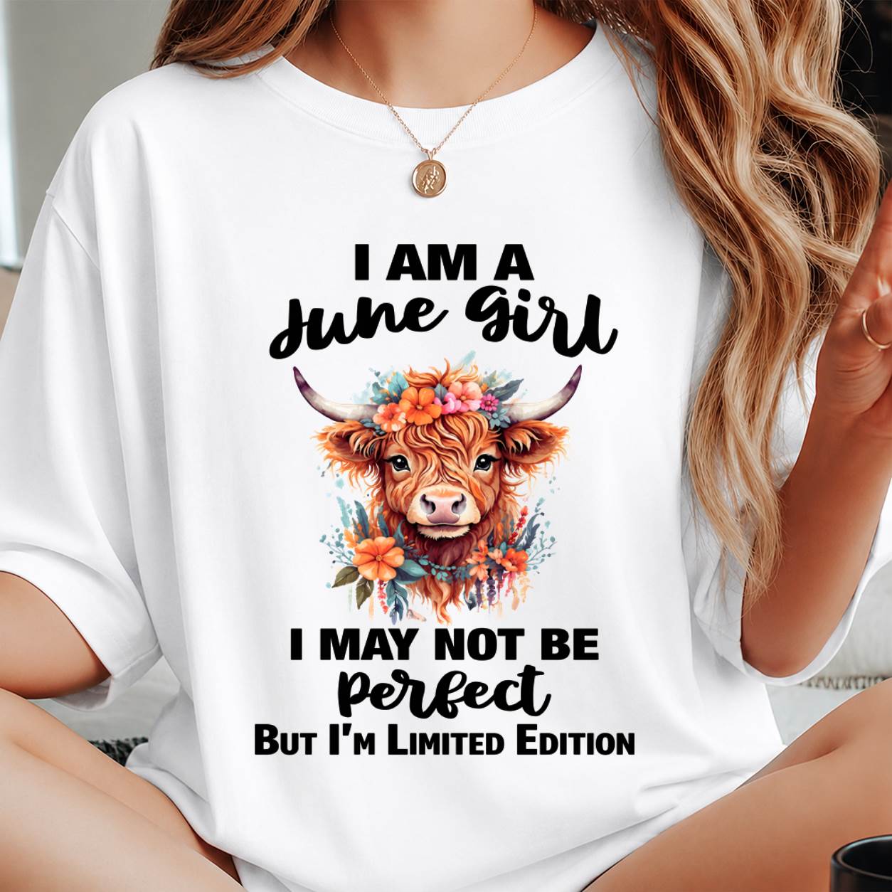 JUNE GIRL FLORAL HIGHLAND COW TEE - FOR WOMEN - TLEE06 (SKU2607-278-06)