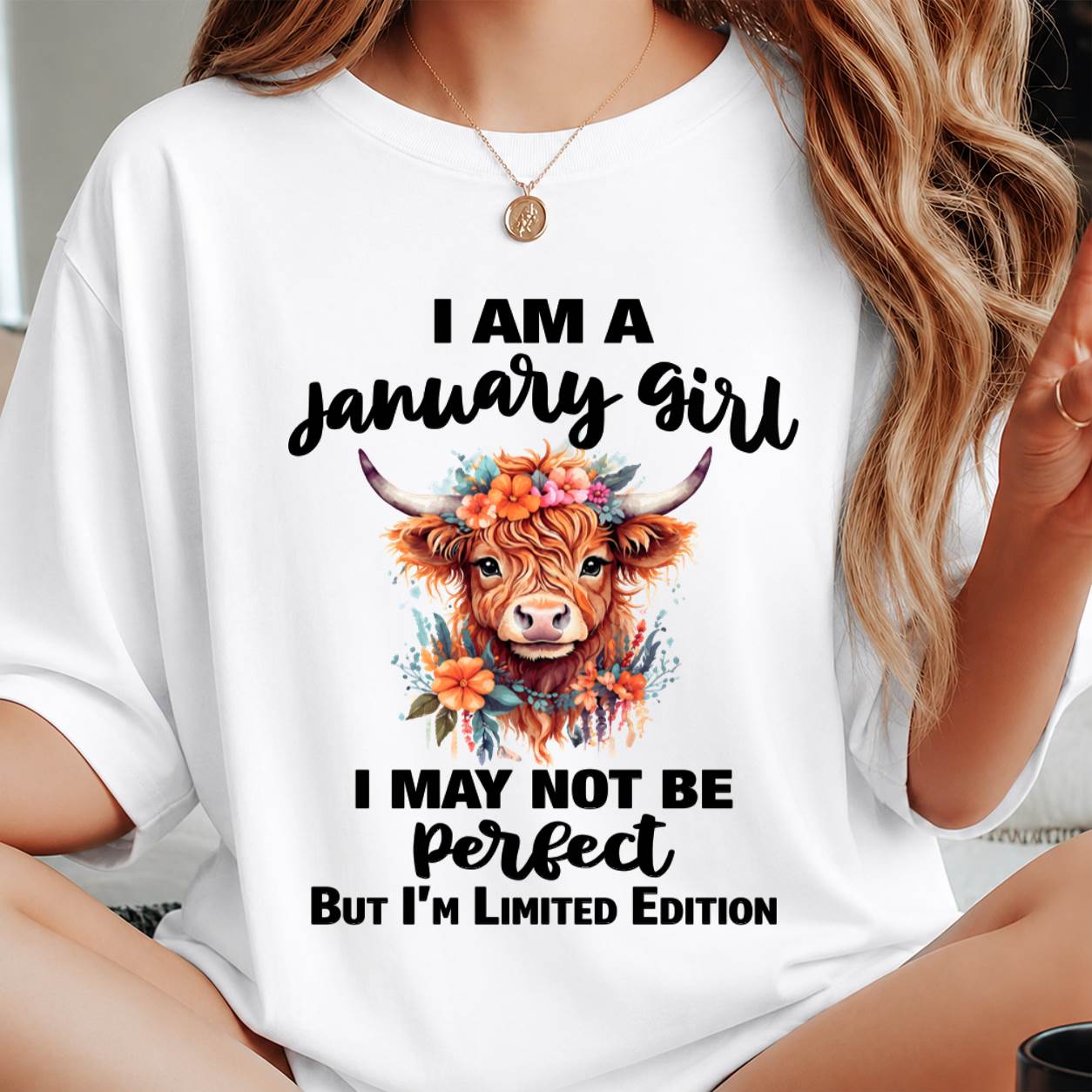 JANUARY GIRL FLORAL HIGHLAND COW TEE - FOR WOMEN - TLEE01 (SKU2607-278-01)