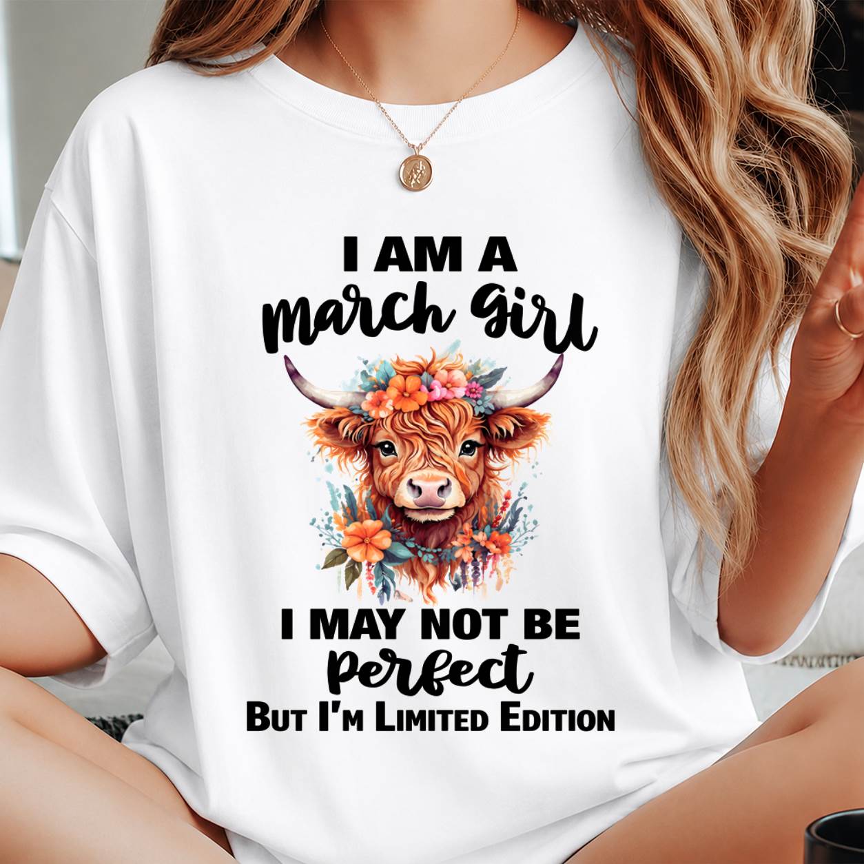 MARCH GIRL FLORAL HIGHLAND COW TEE - FOR WOMEN - TLEE03 (SKU2607-278-03)