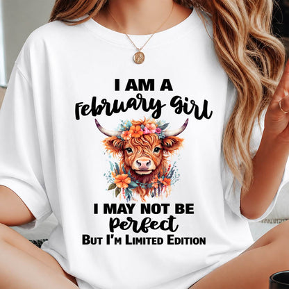 FEBRUARY GIRL FLORAL HIGHLAND COW TEE - FOR WOMEN - TLEE02 (SKU2607-278-02)