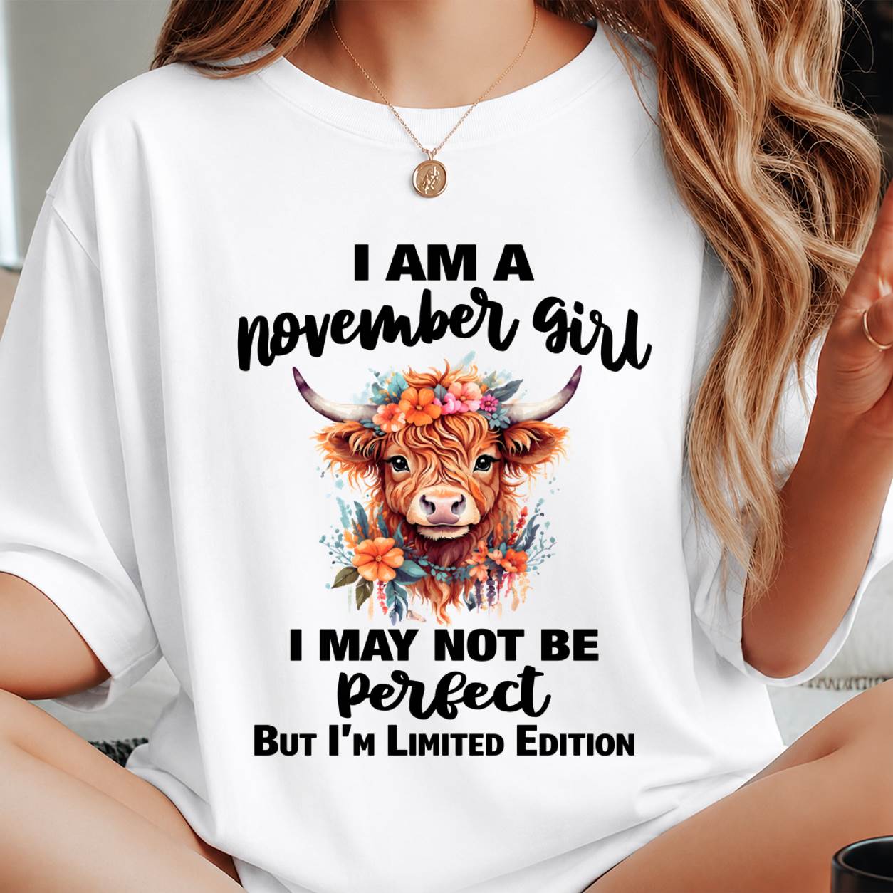 NOVEMBER GIRL FLORAL HIGHLAND COW TEE - FOR WOMEN - TLEE11 (SKU2607-278-11)